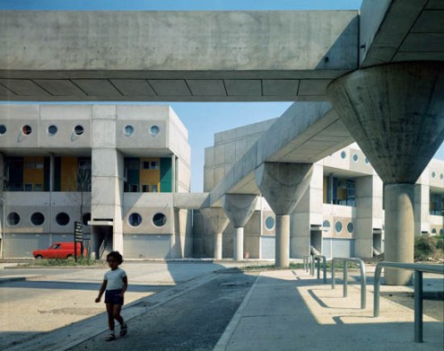 Housing, Runcorn New Town 1967 , now demolished.estate social community housing homes houses architecture buildings prefabricated colourful postmodernism port-holes portholes science fiction sci-fi futuristic C014 concrete cast pillars